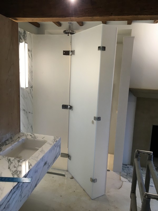 Bespoke frosted glass shower enclosure in Mile End luxury bathroom
